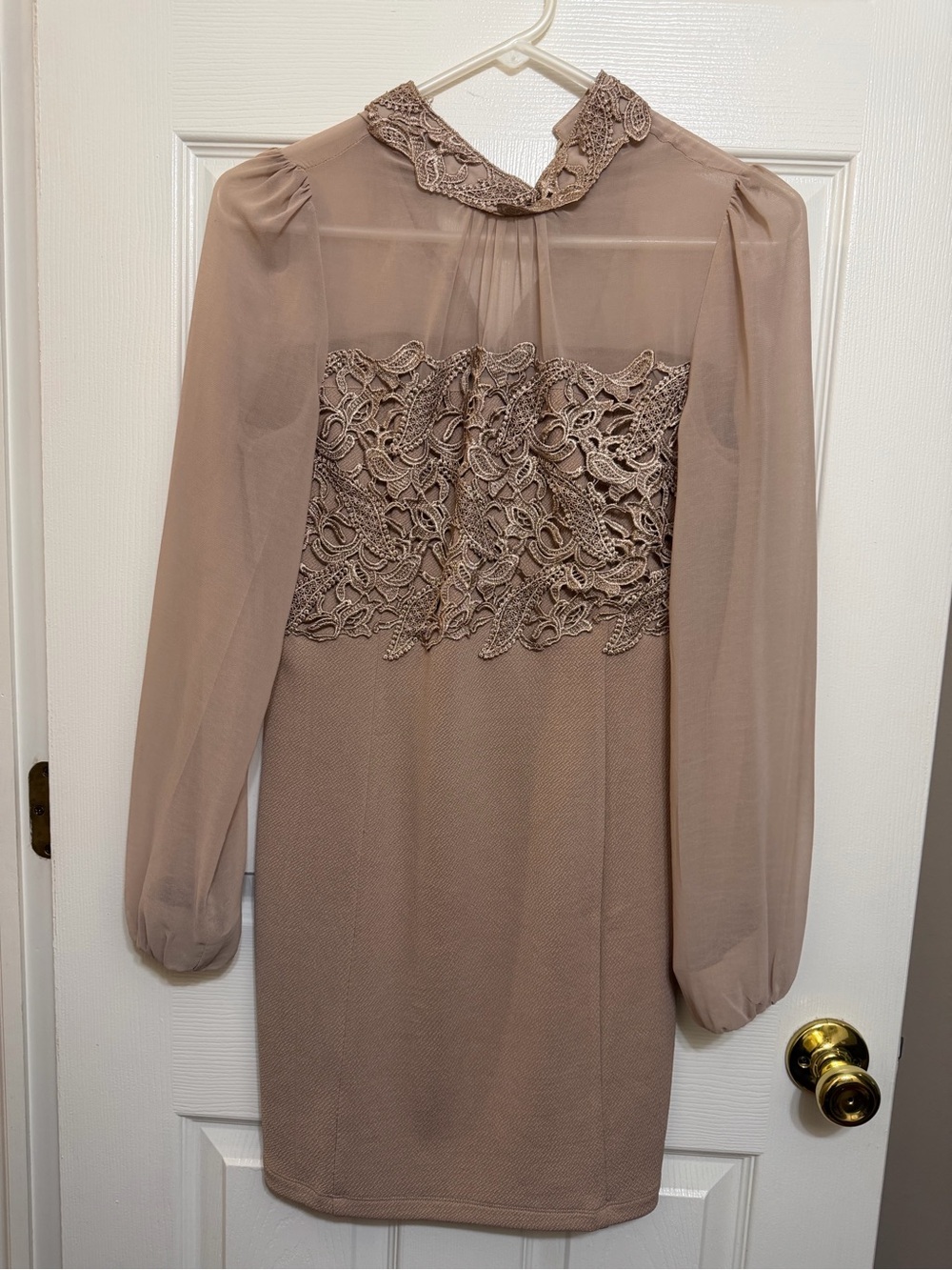 Lace Bodice Long-Sleeve Sheath Dress in Taupe